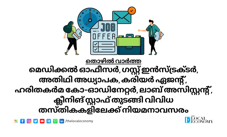 Job vacancy announcements in Kerala including positions for Medical Officer, Guest Instructor, Caree