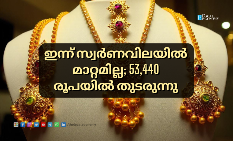 Gold price remains unchanged in Kerala at ₹53,440 per sovereign.