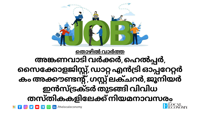 Various job openings in Kerala, including Anganwadi, lecturer, tradesman, and more.