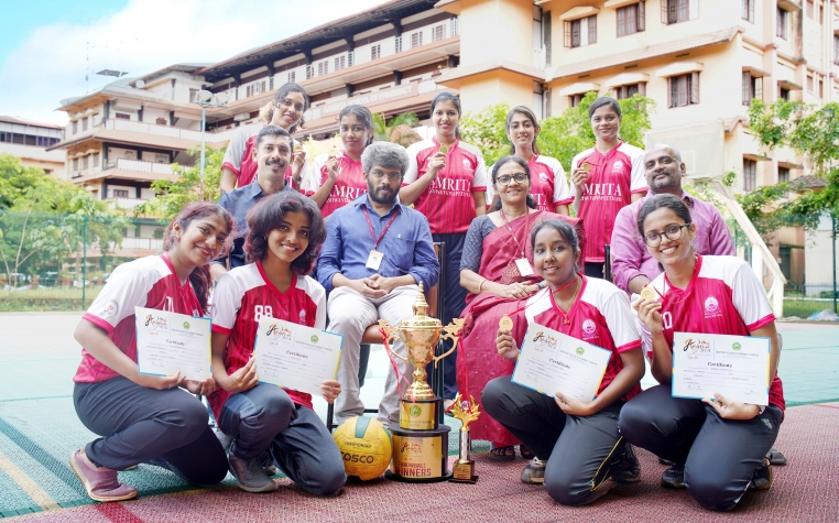 Amrita School of Pharmacy team winning Kerala inter-collegiate throwball championship