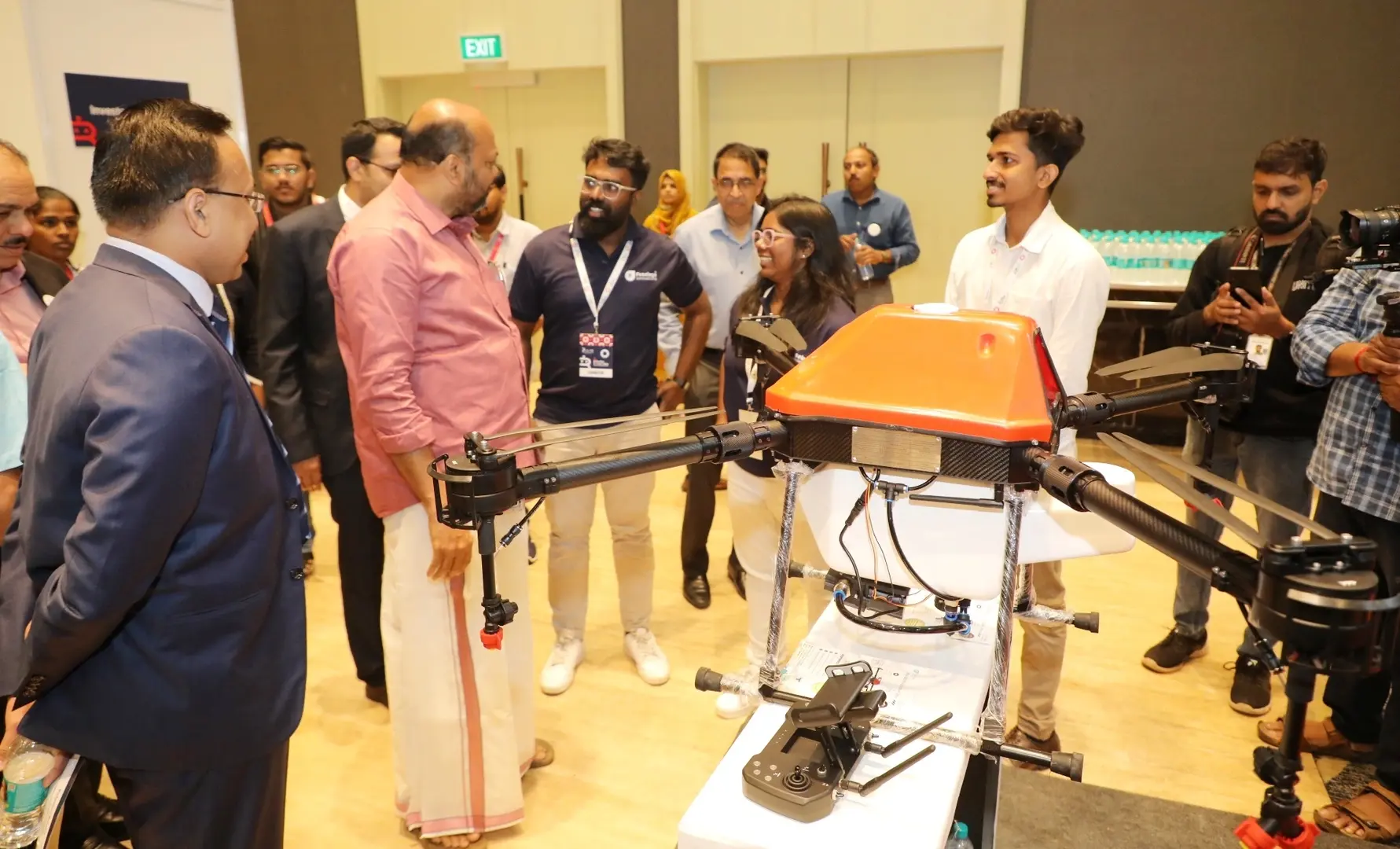 Industries Minister P Rajeeve takes a round of the exhibition held as part of the KSIDC-organised Robotics Round Table in Kochi