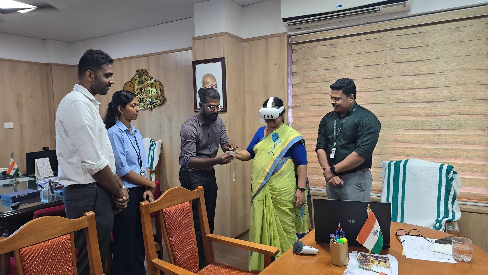 Higher Education Minister R Bindu, looking at the VR lab of Kochi-based ed-tech startup Techmaghi under KSUM